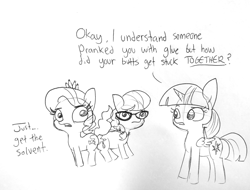 Size: 1820x1381 | Tagged: safe, artist:tjpones, character:diamond tiara, character:silver spoon, character:twilight sparkle, character:twilight sparkle (alicorn), species:alicorn, species:earth pony, species:pony, black and white, bump bump sugar lump rump, butt to butt, butt touch, dialogue, female, filly, glasses, glue, grayscale, jewelry, lineart, mare, monochrome, simple background, stuck together, tiara, traditional art