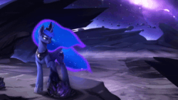 Size: 1280x720 | Tagged: safe, artist:rodrigues404, character:princess luna, species:alicorn, species:pony, animated, asteroids, cinemagraph, crystal, dark magic, female, magic, mare, moon, no sound, perfect loop, raised hoof, scenery, solo, space, webm