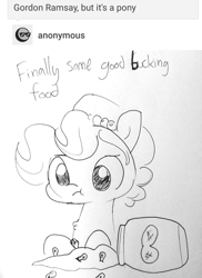Size: 1331x1828 | Tagged: safe, artist:tjpones, oc, oc only, oc:brownie bun, species:earth pony, species:pony, ask, censored, censored vulgarity, dialogue, female, finally some good fucking food, food, gordon ramsay, lineart, mare, monochrome, peanut, peanut butter, simple background, sketch, traditional art, tumblr