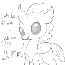 Size: 1650x1650 | Tagged: safe, artist:tjpones, character:ocellus, species:changeling, species:reformed changeling, cute, dark comedy, dialogue, diaocelles, female, lineart, monochrome, mood whiplash, simple background, sketch, smiling, solo, that escalated quickly, white background