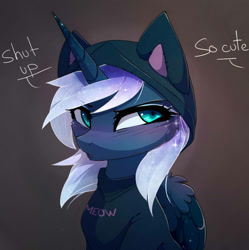 Size: 1190x1197 | Tagged: safe, artist:magnaluna, character:princess luna, species:alicorn, species:pony, :o, behaving like a cat, blushing, bust, cheek fluff, clothing, colored wings, colored wingtips, cute, dialogue, ethereal mane, female, galaxy mane, glare, gray background, hoodie, lunabetes, mare, neck fluff, open mouth, pouting, simple background, sitting, solo, sparkles, speech bubble, starry wings, sweet dreams fuel, text, tsundere, tsunderuna, wing fluff