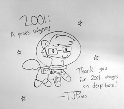 Size: 1638x1440 | Tagged: safe, artist:tjpones, derpibooru original, oc, oc:tjpones, species:earth pony, species:pony, 2001: a space odyssey, astronaut, floating, glasses, lineart, male, monochrome, mouth hold, pencil, signature, simple background, solo, space, space suit, stallion, stars, traditional art