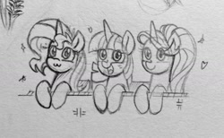Size: 1280x786 | Tagged: safe, artist:chautung, character:starlight glimmer, character:sunset shimmer, character:twilight sparkle, species:pony, species:unicorn, :3, counterparts, happy, monochrome, pencil drawing, smiling, traditional art, twilight's counterparts
