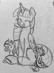 Size: 954x1280 | Tagged: safe, artist:chautung, character:starlight glimmer, character:sunset shimmer, character:twilight sparkle, character:twilight sparkle (alicorn), species:alicorn, species:pony, species:unicorn, counterparts, happy, magical trio, micro, monochrome, pencil drawing, sitting, traditional art, twilight's counterparts