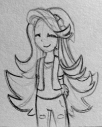 Size: 1030x1280 | Tagged: safe, artist:chautung, character:starlight glimmer, equestria girls:mirror magic, g4, my little pony:equestria girls, beanie, clothing, eyes closed, female, hat, monochrome, pencil drawing, ripped pants, shirt, smiling, solo, traditional art, vest