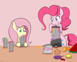 Size: 1300x1040 | Tagged: safe, artist:genericmlp, character:fluttershy, character:pinkie pie, blender (object), cute, cute little fangs, drink, drinking, fangs, female, food, fruit, grapes, lemon, orange, smiling, smoothie, straw, strawberry, watermelon