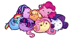 Size: 1221x678 | Tagged: safe, artist:askmlcblobs, artist:pekou, character:applejack, character:fluttershy, character:pinkie pie, character:rainbow dash, character:rarity, character:starlight glimmer, character:twilight sparkle, character:twilight sparkle (alicorn), species:alicorn, species:earth pony, species:pegasus, species:pony, species:unicorn, chubbie, :3, blob ponies, cute, dashabetes, diapinkes, eyes closed, female, freckles, glimmerbetes, jackabetes, mane six, mare, one eye closed, open mouth, raribetes, shyabetes, simple background, transparent background, twiabetes, wink