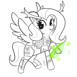 Size: 3000x3000 | Tagged: safe, artist:tjpones, character:fluttershy, species:pony, antlers, druid, female, fluffy, flutterdruid, mare, monochrome, simple background, sketch, solo, white background