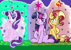 Size: 2000x1414 | Tagged: safe, artist:chautung, character:starlight glimmer, character:sunset shimmer, character:twilight sparkle, character:twilight sparkle (alicorn), species:alicorn, species:pony, species:unicorn, counterparts, trio, twilight's counterparts