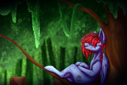 Size: 3500x2350 | Tagged: safe, artist:immagoddampony, oc, oc only, species:pegasus, species:pony, against tree, art trade, eyes closed, high res, solo, tree