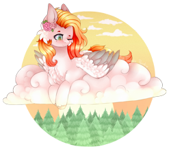 Size: 2971x2609 | Tagged: safe, artist:twinkepaint, oc, oc only, oc:ember, species:pegasus, species:pony, cloud, female, flower, mare, one eye closed, simple background, solo, transparent background, tree