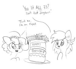 Size: 1552x1415 | Tagged: safe, artist:tjpones, edit, editor:dsp2003, oc, oc:brownie bun, oc:meadow stargazer, species:earth pony, species:pony, birthday cake, birthday gift art, cake, female, fire, food, lineart, mare, monochrome, simple background, sketch, this will end in death, this will end in fire, this will end in tears and/or death, traditional art, white background, xk-class end-of-the-kitchen scenario
