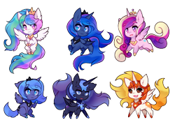 Size: 1074x783 | Tagged: safe, artist:pekou, character:daybreaker, character:nightmare moon, character:princess cadance, character:princess celestia, character:princess luna, species:alicorn, species:pony, armor, chibi, cute, female, jewelry, looking at you, mare, regalia, s1 luna, simple background, transparent background