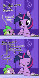 Size: 1650x3300 | Tagged: safe, artist:dsp2003, artist:tjpones, edit, character:spike, character:twilight sparkle, character:twilight sparkle (alicorn), species:alicorn, species:dragon, species:pony, alternate ending, bait and switch, book, chest fluff, comic, dialogue, ear fluff, everything is fixed, exclamation point, female, good end, interrobang, male, mare, open mouth, question mark, scared, shrunken pupils, signature, spikelove