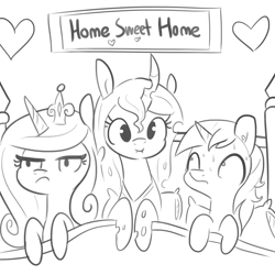 Size: 1280x1280 | Tagged: safe, artist:tjpones, character:princess cadance, character:queen chrysalis, character:shining armor, species:alicorn, species:changeling, species:pony, species:unicorn, bed, black and white, cadance is not amused, cute, cutealis, female, grayscale, love triangle, male, mare, monochrome, nervous, stallion, sweat, sweating profusely, unamused
