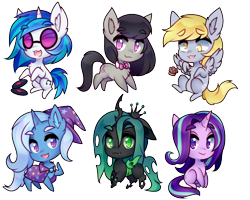 Size: 1114x891 | Tagged: safe, artist:pekou, character:derpy hooves, character:dj pon-3, character:octavia melody, character:queen chrysalis, character:starlight glimmer, character:trixie, character:vinyl scratch, species:changeling, species:earth pony, species:pony, species:unicorn, chibi, cute, cutealis, derpabetes, diatrixes, glimmerbetes, simple background, tavibetes, transparent background, vinylbetes