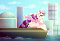 Size: 3500x2396 | Tagged: safe, artist:twinkepaint, character:rarity, species:pony, species:unicorn, boat, city, clothing, cloud, female, mare, open mouth, scarf, sky, smiling, solo, water