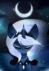Size: 1280x1845 | Tagged: safe, artist:magnaluna, character:princess luna, species:alicorn, species:pony, alternate universe, beautiful, bust, color porn, crescent moon, cute, ethereal mane, eyes closed, lunabetes, moon, night, scenery, solo, spread wings, wings, zefiros codex