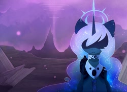 Size: 1101x792 | Tagged: safe, artist:magnaluna, character:princess luna, alternate universe, color porn, hair over eyes, halo, looking down, missing accessory, scenery, solo, zefiros codex