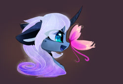 Size: 1280x881 | Tagged: safe, artist:magnaluna, character:princess luna, alternate design, alternate hairstyle, beautiful, bust, butterfly, butterfly on nose, chest fluff, color porn, curved horn, cute, dawwww, ear fluff, happy, insect on nose, looking at something, lunabetes, missing accessory, open mouth, simple background, solo, wingding eyes, zefiros codex