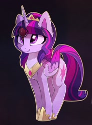 Size: 1280x1753 | Tagged: safe, alternate version, artist:magnaluna, character:twilight sparkle, character:twilight sparkle (alicorn), species:alicorn, species:pony, adoracreepy, alternate hairstyle, colored wings, colored wingtips, creepy, cute, female, jewelry, looking at something, mare, regalia, simple background, solo, spider, wingding eyes