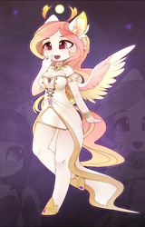 Size: 1231x1920 | Tagged: safe, alternate version, artist:magnaluna, character:princess celestia, species:anthro, species:unguligrade anthro, ambiguous facial structure, bracelet, breasts, busty princess celestia, cleavage, clothing, dress, ear fluff, female, jewelry, open mouth, regalia, smiling, solo