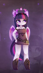 Size: 1139x1920 | Tagged: safe, alternate version, artist:magnaluna, character:twilight sparkle, character:twilight sparkle (alicorn), species:alicorn, species:anthro, species:pony, species:unguligrade anthro, ambiguous facial structure, belt, belt buckle, boots, breasts, busty twilight sparkle, cheek fluff, clothing, corset, cute, cutie mark necklace, dress, ear fluff, female, jewelry, looking at something, necklace, scroll, shoes, solo, twiabetes