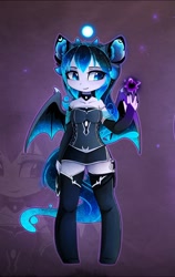 Size: 1214x1920 | Tagged: safe, alternate version, artist:magnaluna, character:princess luna, species:anthro, species:unguligrade anthro, ambiguous facial structure, bat wings, breasts, choker, clothing, corset, dress, evening gloves, female, gloves, knife, long gloves, looking at something, magic, magic orb, nail polish, scabbard, smiling, socks, solo, thigh highs, zettai ryouiki