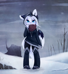 Size: 1471x1600 | Tagged: safe, artist:magnaluna, character:princess luna, species:alicorn, species:anthro, species:pony, alternate design, ambiguous facial structure, boots, clothing, ear fluff, female, mare, scarf, scenery, shoes, snow, snowfall, solo, tree