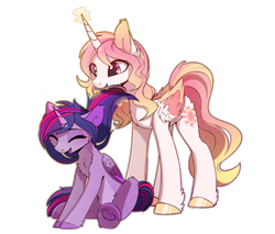 Size: 1810x1545 | Tagged: safe, artist:magnaluna, character:princess celestia, character:twilight sparkle, character:twilight sparkle (alicorn), species:alicorn, species:pony, ship:twilestia, alternate design, alternate hairstyle, brush, brushie, chest fluff, cute, cutelestia, dawwww, ear fluff, female, happy, heart, hoof heart, laughing, lesbian, levitation, magic, magnaluna is trying to murder us, missing accessory, shipping, simple background, telekinesis, transparent background, weapons-grade cute, wholesome, wingding eyes