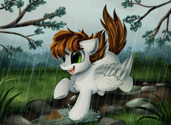 Size: 2494x1816 | Tagged: safe, artist:pridark, oc, oc only, species:pegasus, species:pony, chest fluff, commission, grass, green eyes, open mouth, path, puddle, rain, solo, tree branch, water