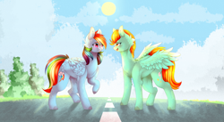 Size: 3500x1920 | Tagged: safe, artist:twinkepaint, character:lightning dust, character:rainbow dash, species:pegasus, species:pony, cloven hooves, open mouth, raised hoof