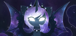 Size: 1327x631 | Tagged: safe, artist:magnaluna, character:princess luna, species:alicorn, species:pony, alternate design, alternate universe, bat wings, beautiful, color porn, crying, ear fluff, ethereal mane, glowing eyes, solo, sparkles, wing fluff, zefiros codex