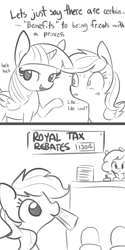 Size: 960x1920 | Tagged: safe, artist:tjpones, character:rainbow dash, character:twilight sparkle, character:twilight sparkle (alicorn), species:alicorn, species:pegasus, species:pony, 30 minute art challenge, bait and switch, blushing, comic, cronyism, dialogue, female, friends with benefits, grayscale, horse taxes, mare, monochrome, mouth hold, raised hoof, simple background, sweat, taxes, white background