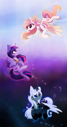 Size: 2478x4677 | Tagged: safe, artist:magnaluna, edit, character:princess celestia, character:princess luna, character:twilight sparkle, character:twilight sparkle (alicorn), species:alicorn, species:pony, alternate design, ethereal mane, female, flying, gradient background, mare, peytral, pink-mane celestia, swirly markings, trio, wing claws