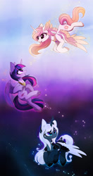 Size: 2478x4677 | Tagged: safe, alternate version, artist:magnaluna, character:princess celestia, character:princess luna, character:twilight sparkle, character:twilight sparkle (alicorn), species:alicorn, species:pony, alternate design, ethereal mane, female, flying, gradient background, mare, peytral, pink-mane celestia, swirly markings, trio, wing claws