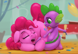 Size: 1100x761 | Tagged: safe, artist:rodrigues404, character:pinkie pie, character:spike, species:dragon, species:earth pony, species:pony, balloon, confetti, dock, duo, eyes closed, female, floppy ears, looking down, lying down, male, mare, open mouth, scroll, sleeping