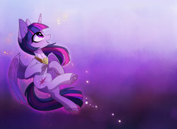 Size: 2478x1807 | Tagged: safe, artist:magnaluna, character:twilight sparkle, character:twilight sparkle (alicorn), species:alicorn, species:pony, cute, cutie mark, female, flying, heart, hoof heart, horn, mare, open mouth, peytral, smiling, solo, twiabetes, wings