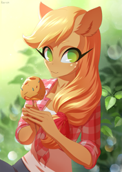 Size: 905x1280 | Tagged: safe, artist:glorious-rarien, character:applejack, species:anthro, species:earth pony, species:pony, caramel apple (food), female, freckles, front knot midriff, hair ribbon, looking at you, mare, midriff, plaid shirt, rolled up sleeves, solo