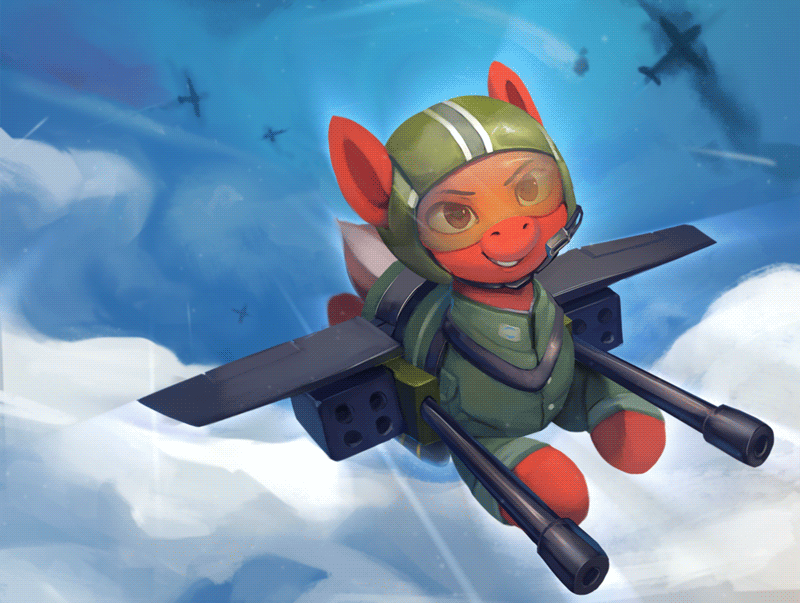 Size: 800x603 | Tagged: safe, artist:rodrigues404, oc, oc only, oc:dustbowl dune, species:plane pony, species:pony, animated, cinemagraph, digital art, gun, helmet, male, original species, plane, smiling, solo, stallion, war thunder, weapon