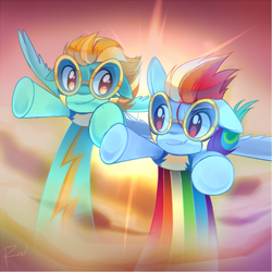 Size: 594x594 | Tagged: safe, artist:pekou, character:lightning dust, character:rainbow dash, species:pegasus, species:pony, episode:wonderbolts academy, clothing, duo, female, flying, goggles, mare, rainbow trail, speed trail, uniform, wonderbolt trainee uniform