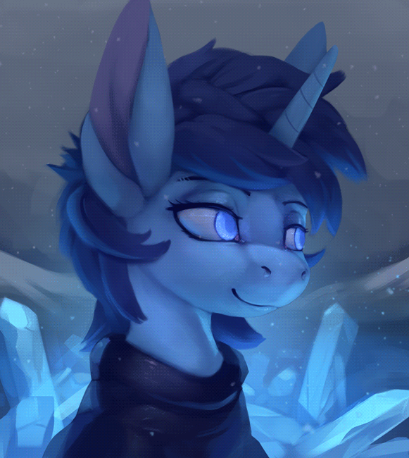 Size: 581x650 | Tagged: safe, artist:rodrigues404, oc, oc only, oc:cerulean chisel, species:pony, species:unicorn, animated, bust, cinemagraph, commission, digital art, female, mare, portrait, smiling, snow, snowfall, solo