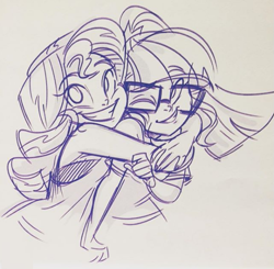 Size: 599x588 | Tagged: safe, artist:katrina hadley, artist:lunchie, official, character:sunset shimmer, character:twilight sparkle, character:twilight sparkle (scitwi), species:eqg human, my little pony:equestria girls, cute, duo, female, glasses, hug, monochrome, official fan art, shimmerbetes, simple background, traditional art, twiabetes, white background