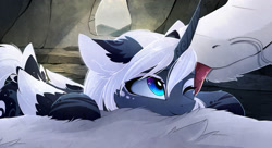 Size: 2741x1489 | Tagged: safe, artist:magnaluna, character:princess luna, oc, oc:zefiroth, species:alicorn, species:dragon, species:pony, alternate design, alternate hairstyle, alternate universe, canon x oc, cheek fluff, ear fluff, female, licking, male, mare, one eye closed, shipping, smiling, straight, tongue out