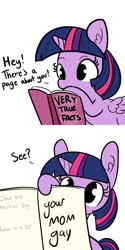 Size: 512x1024 | Tagged: safe, artist:tjpones, edit, character:twilight sparkle, character:twilight sparkle (alicorn), species:alicorn, species:pony, 2 panel comic, book, comic, cute, drawing, facts, female, heck, implied princess luna, mare, meme, very true facts, your mom, your mom gay