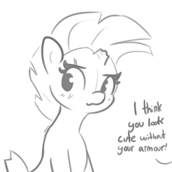 Size: 1280x1280 | Tagged: safe, artist:tjpones, character:fizzlepop berrytwist, character:tempest shadow, species:pony, species:unicorn, blushing, broken horn, cute, female, mare, monochrome, pretty pretty tempest, sitting, solo, tempestbetes
