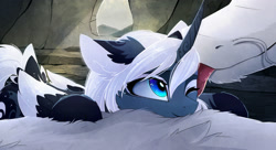 Size: 2741x1489 | Tagged: safe, alternate version, artist:magnaluna, character:princess luna, oc, oc:zefiroth, species:alicorn, species:dragon, species:pony, alternate design, alternate hairstyle, alternate universe, canon x oc, cheek fluff, ear fluff, female, licking, male, mare, one eye closed, shipping, smiling, straight, tongue out