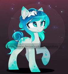Size: 1634x1786 | Tagged: dead source, safe, artist:magnaluna, oc, oc only, oc:azurita edelstein, species:earth pony, species:pony, adoptable, advertisement, auction, digital art, ear fluff, eye clipping through hair, female, flower, flower in hair, gradient hooves, mare, obtrusive watermark, one hoof raised, smiling, solo, watermark