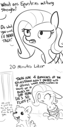Size: 1280x2560 | Tagged: safe, artist:tjpones, character:fluttershy, species:dog, species:pegasus, species:pony, betrayal, bondage, bound, chest fluff, comic, dialogue, ear fluff, female, fluffy, funny, good boy, grayscale, interrogation, lineart, mare, monochrome, offscreen character, psychological torture, pure unfiltered evil, rope, rope bondage, simple background, sweat, tail, tail wag, that pony sure does love animals, tied up, torture, unsexy bondage, white background