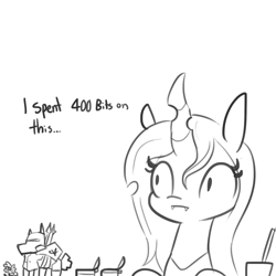 Size: 1280x1280 | Tagged: safe, artist:tjpones, character:queen chrysalis, species:changeling, :i, changeling queen, crack is cheaper, dialogue, fail, fangs, female, figurine, gaming miniature, grayscale, hyperspace hyperwars, miniature, monochrome, paint, paintbrush, regret, simple background, solo, tabletop gaming, white background
